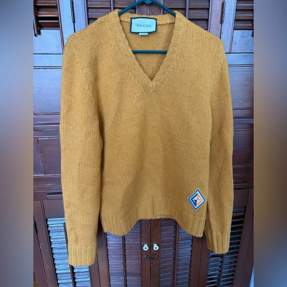 Gucci Mustard Yellow V-Neck Wool Sweater